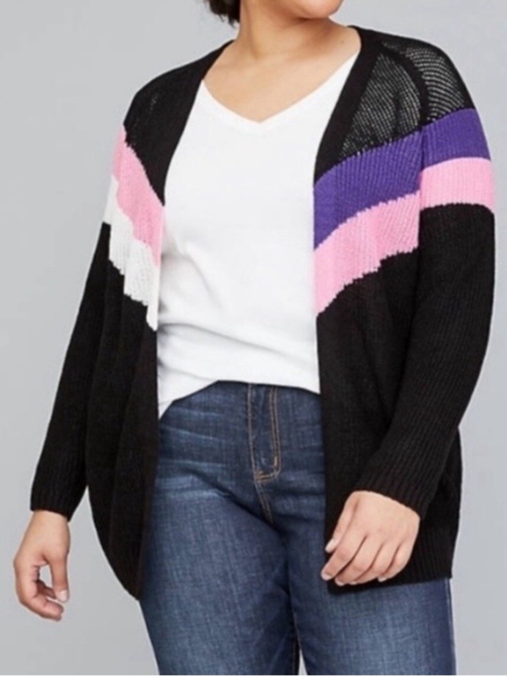 Lane Bryant Black Open Front Color Block Loose Knit Cardigan Size 18/20